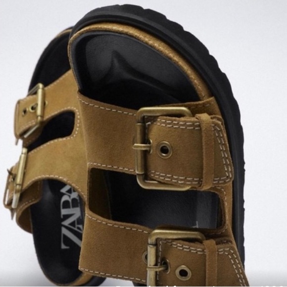 Zara Brown Buckled Leather Sandal Flats Sz 9 - Picture 7 of 7